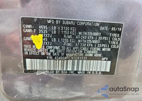 2019 Subaru Outback 2.5I Premium z USA, uszkodzony, nr VIN 4S4BSAFC7K3363533